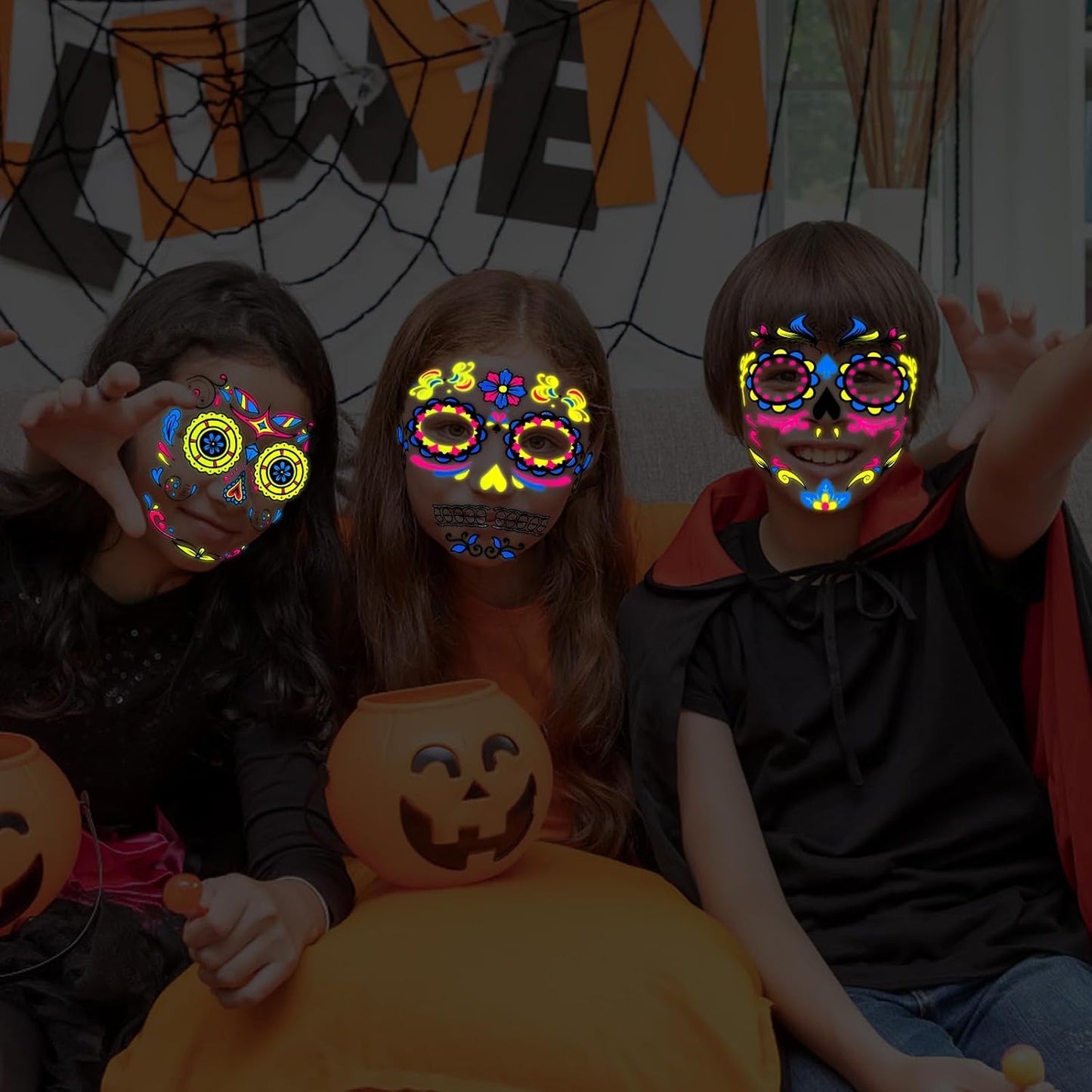 HOWAF Neon Day of The Dead Temporary Tattoos 8 Pairs Face Mask Tattoos, Glow UV Neon Dia De Los Muertos Sugar Skull Face Body Tattoos Sticker for Halloween Mexican Makeup Cosplay Party Supplies