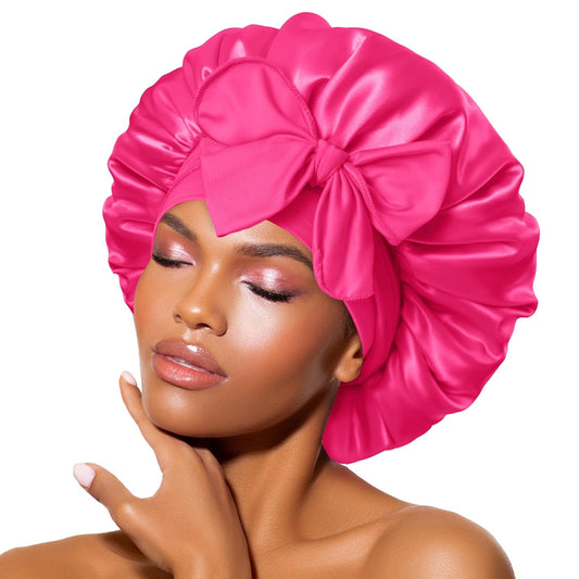 BONNET QUEEN Satin Bonnet Silk Bonnet for Sleeping Hair Bonnet Tie Bonnet for Women with Stretch Band Natural Hair Hot Pink