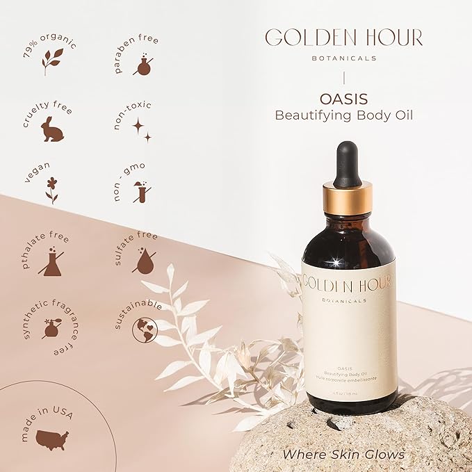 Organic Skin Care Products Made in USA, Vegan, Cruelty Free, Moisturizing + Hydrating Beautifying Body Oil with Rose Hip Oil, 4fl oz/118ml, Oasis