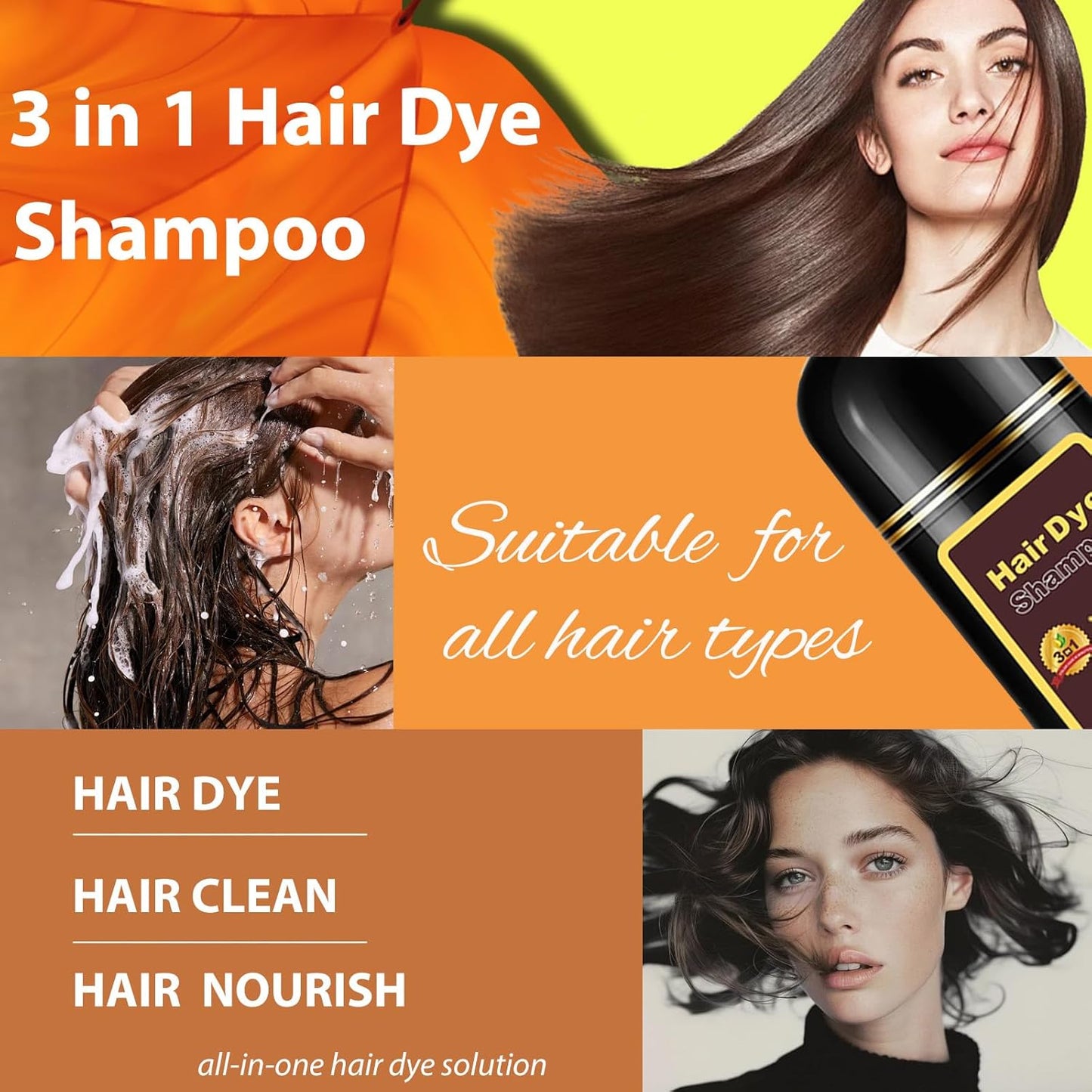 Hair Dye Shampoo 3 in 1, Long-Lasting Gray Hair Coverage, Natural Dark Coffee Hair Color Shampoo with Herbal Ingredients, Easy Application Shampoo Para Canas for Women Men 16.9 Fl Oz