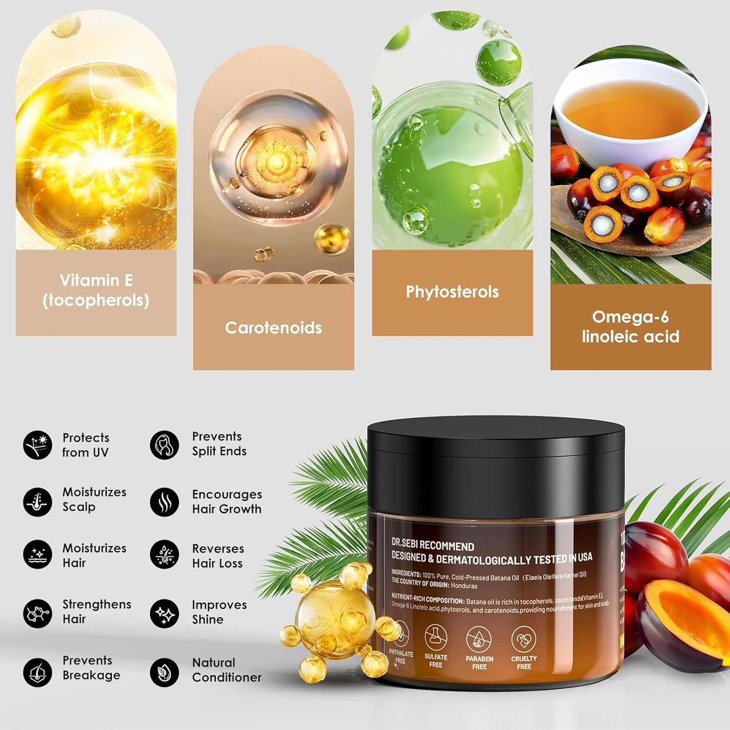 Batana Oil for Hair Growth, Dr Sebi 100% Pure Organic Natural Ingredients from Honduras Prevents Hair Loss, Enhances Thickness, Restores Dry Damaged Hair, 5.3oz