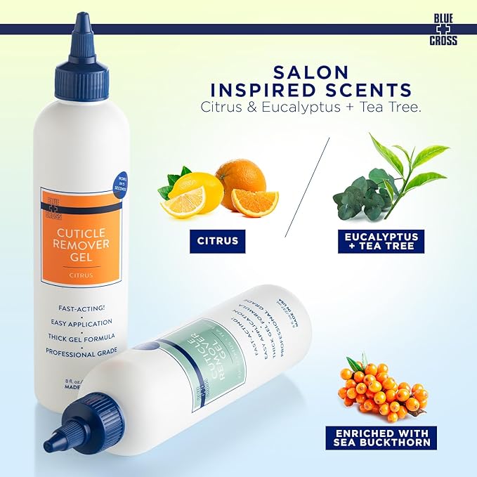 Blue Cross Cuticle Remover Liquid Gel, Cuticle Softener for Nails, Hydrating, Moisturizing, Professional Nail Care for Brittle Hang Nails, Dry Cuticles, Made in USA, 8oz, Citrus