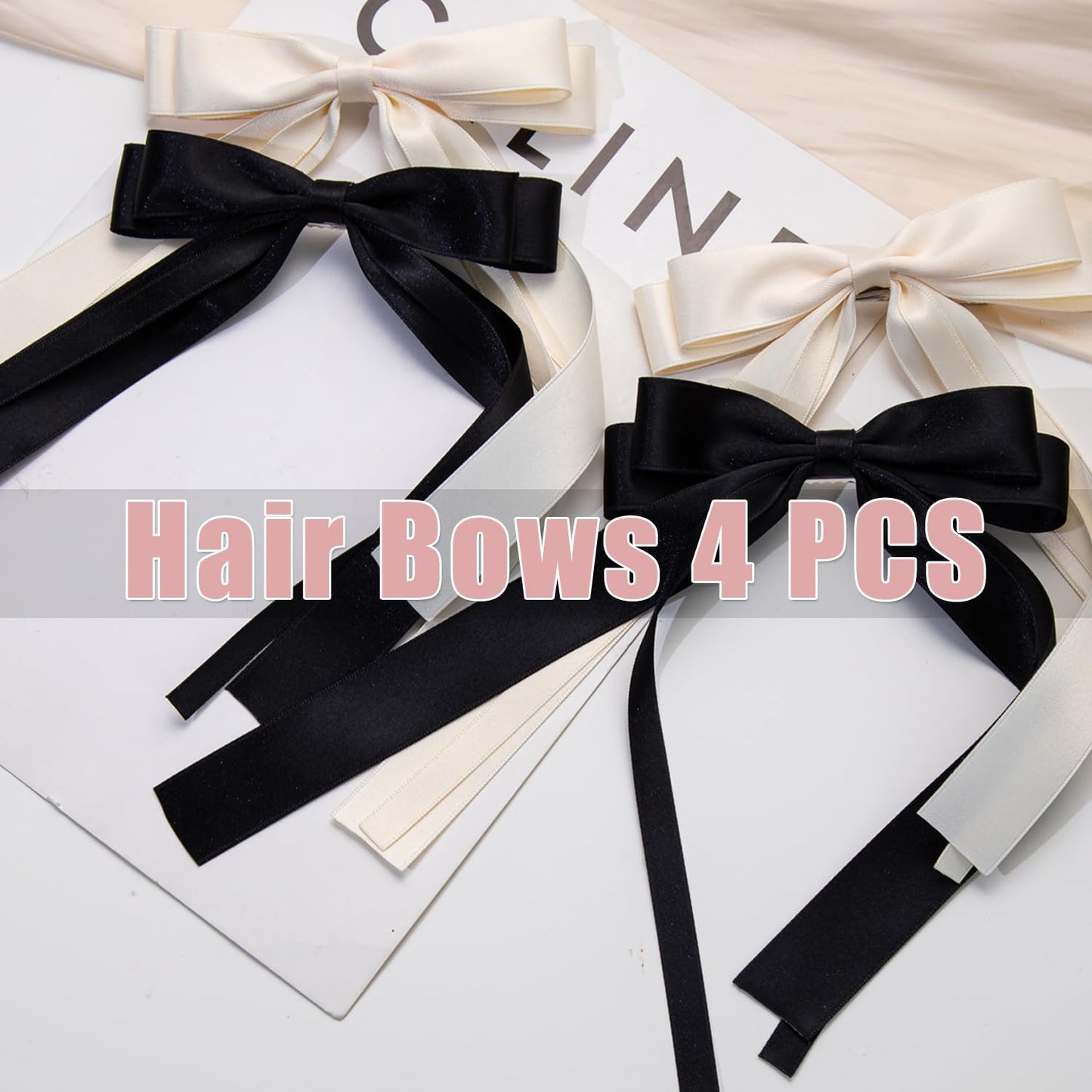 Oversized Long-tail Cute Aesthetic Hair Accessories: 4 PCS Ribbon Bows, Large Hair Barrettes, Big Bows for Girls (Beige, Black)
