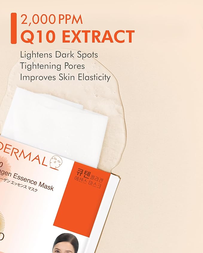 DERMAL Q10 Collagen Essence Facial Mask Sheet 23g Pack of 10 - Coenzyme Q10, Anti Wrinkle and Anti Aging, Skin Elasticity, Daily Skin Treatment Solution Sheet Mask