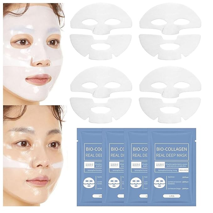 4 Pack Bio-Collagen Overnight Korean Face Mask-deep Hydrating Collagen Hydrogel Sheet Mask，Firming and Moisturizing，Korean Skincare,Anti Wrinkle Lifting Facial Mask Sheet for Glass Skin