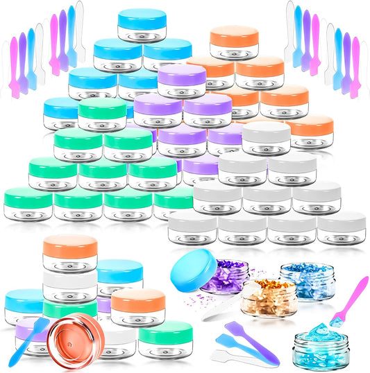 MotBach 50PCS 10g Empty Sample Containers with Colored Lids,Refillable Makeup Sample Containers, Small Sample Pot Jars Travel Makeup Containers with Mini Spatulas for Liquid Powder Creams Lotions