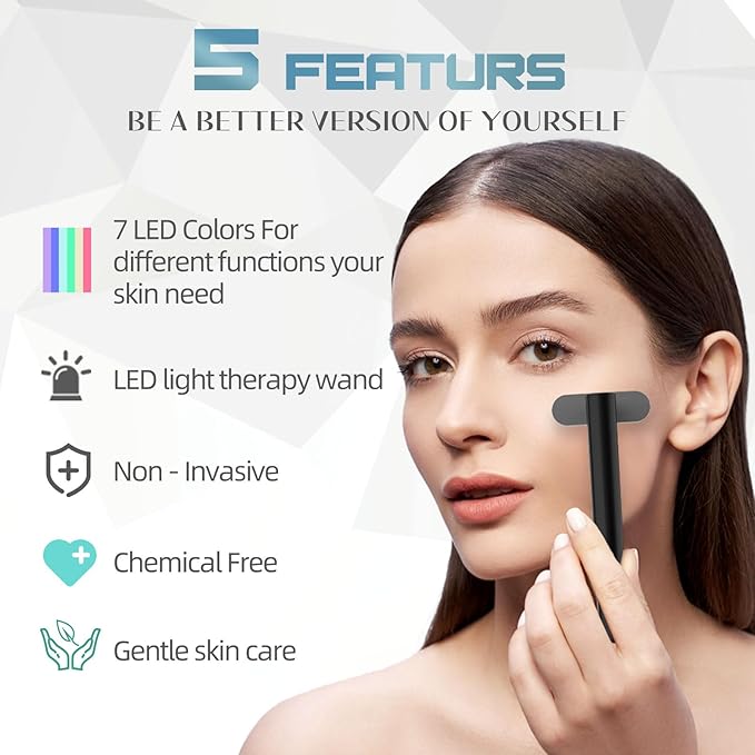 Led-Light-Therapy, 7 Color Face Skincare Wand with Facial Massager LED Face Skin Rejuvenation for Face & Neck & Eye Skincare Equipment Red Light Wand