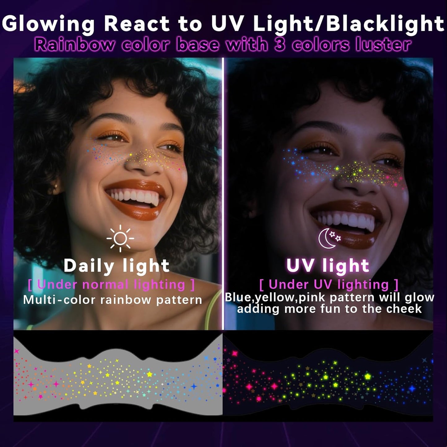 Noerrors 6pcs Rainbow Freckles Face Tattoo Sticker Glow under UV Light Blacklight in the Dark, Neon Fluorescent Glitter Colorful Star Fake Faux Freckle Temporary Patches Makeup for Party Supplies #02