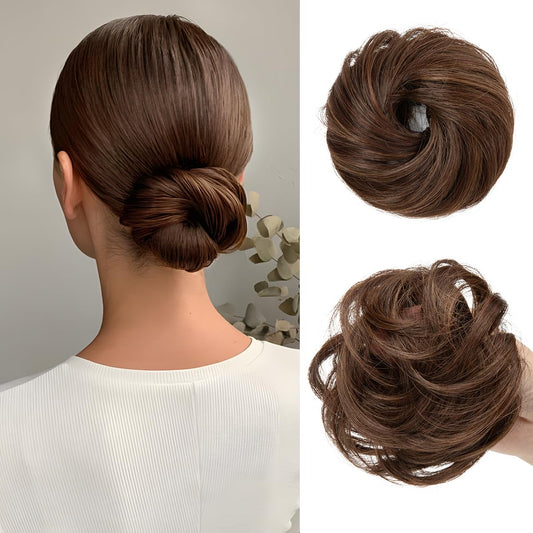 CJL HAIR 2PCs Small Cute Messy Bun Hair Piece for Thin Hair Women Mini Synthetic Curly Bun Scrunchies Updo Hairpieces Chocolate Multi