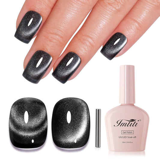 Imtiti Cat Eye Gel Nail Polish, Black Holographic Magnetic Crystal Nail Gel Polish With Magnet Glittery Galaxy Spring Summer Kit Soak Off UV Led 10ML