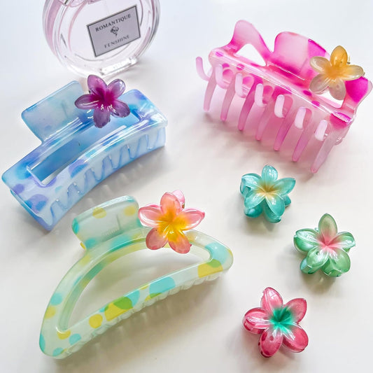 Hair Claw Clips for Women Girls,3PCS Big Claw Clips for Thick Thin Hair Claws,6PCS Small Hawaiian Flower Hair Clups,Cute Womens Hair Accessories,Summer Beach Vacation Essentials (vibrant)