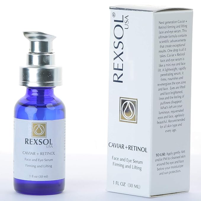 REXSOL CAVIAR + RETINOL Face and Eye Serum Firming and Lifting | With Vitamin C, Vitamin E & Vitamin A | Hybrid Sunflower & Caviar Oil | Revives the tone and texture of youthful skin. (30 ml/1 fl oz)