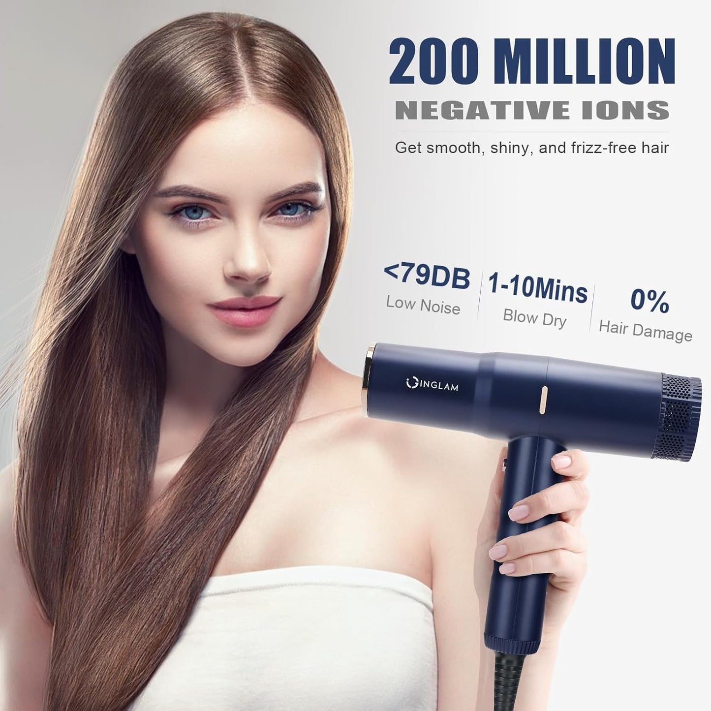 Diffuser Hair Dryer, IG INGLAM Professional Blow Dryer 110,000 RPM High Speed Brushless Motor Negative Ion Low Noise,3 Heat Settings & 3 Speed & Cold Settings, Compact Salon Ionic Hair Dryer