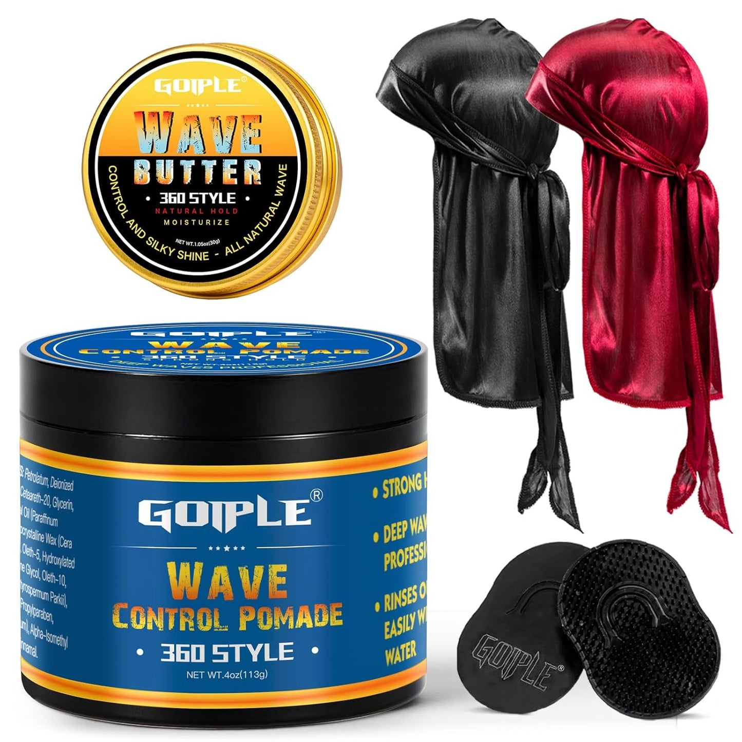 360 Wave Pomade Strong Hold 360 Training Hair Cream, Wave Greasy Wave Butter for Men Pocket Palm Brush Curved Wave Brush Silky Durags for Men Extra Long Tails Wave Brush Wave Cap Set
