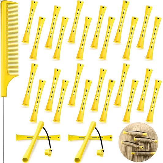24 Pieces Hair Perm Rods Plastic Cold Wave Perming Curlers Hair Rollers with Steel Pintail Comb Rat Tail Comb Tools for Hairdressing Styling(Yellow,0.28 Inches)