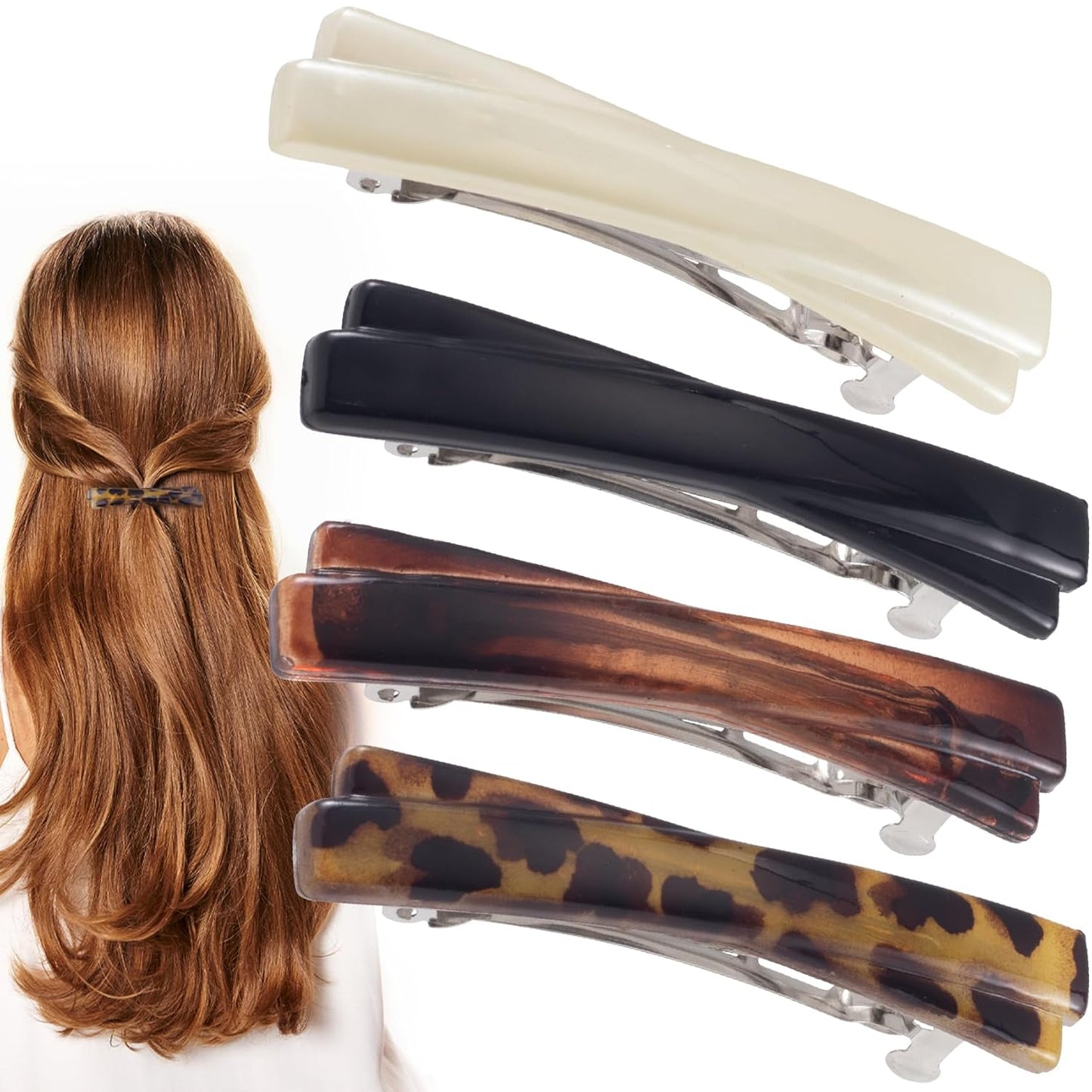 4pcs French Hair Barrette, 2.56 Inch Oval Flat Tortoise Shell Hair Clips, Non-Slip Vintage Long Short Straight Curly Hairpin Accessories for Women- Black & White & Amber & Leopard Color
