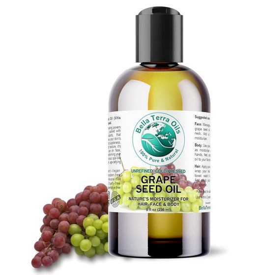 Bella Terra Oils - Organic Grape Seed Oil 8 oz - Dive into Organic Grape's Nutritional Power, Packed with Antioxidants & Omega-6, Elevate Your Skin Care Essence