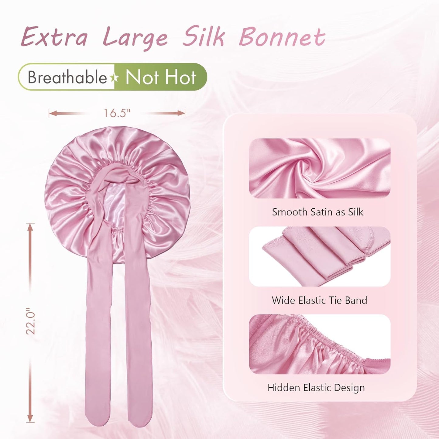 BONNET QUEEN Large Satin Bonnet Silk Bonnet for Sleeping Women Hair Bonnet Big Bonnet Night Sleep Cap Scarf Wrap for Curly Hair with Tie Band Rose Gold