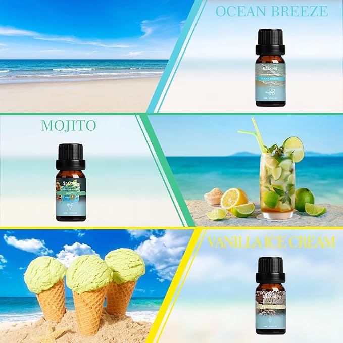 SALKING Summer Fragrance Oils Set, Premium Essential Oils Gift Set for Diffuser, Scented Oil for Soap & Candle Making - Ocean Breeze, Mojito, Coconut, Pineapple, Watermelon, Vanilla Ice Cream