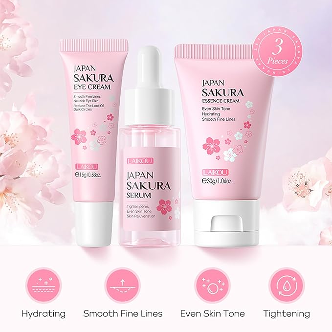 Skin Care Set JAPAN SAKURA Beauty Gift Sets Skin Care Kit with Serum, Eye Cream, Face Cream Travel Kit for Women Wife Mom Teen Girls TSA-friendly Sizes Christmas Gift 3pcs