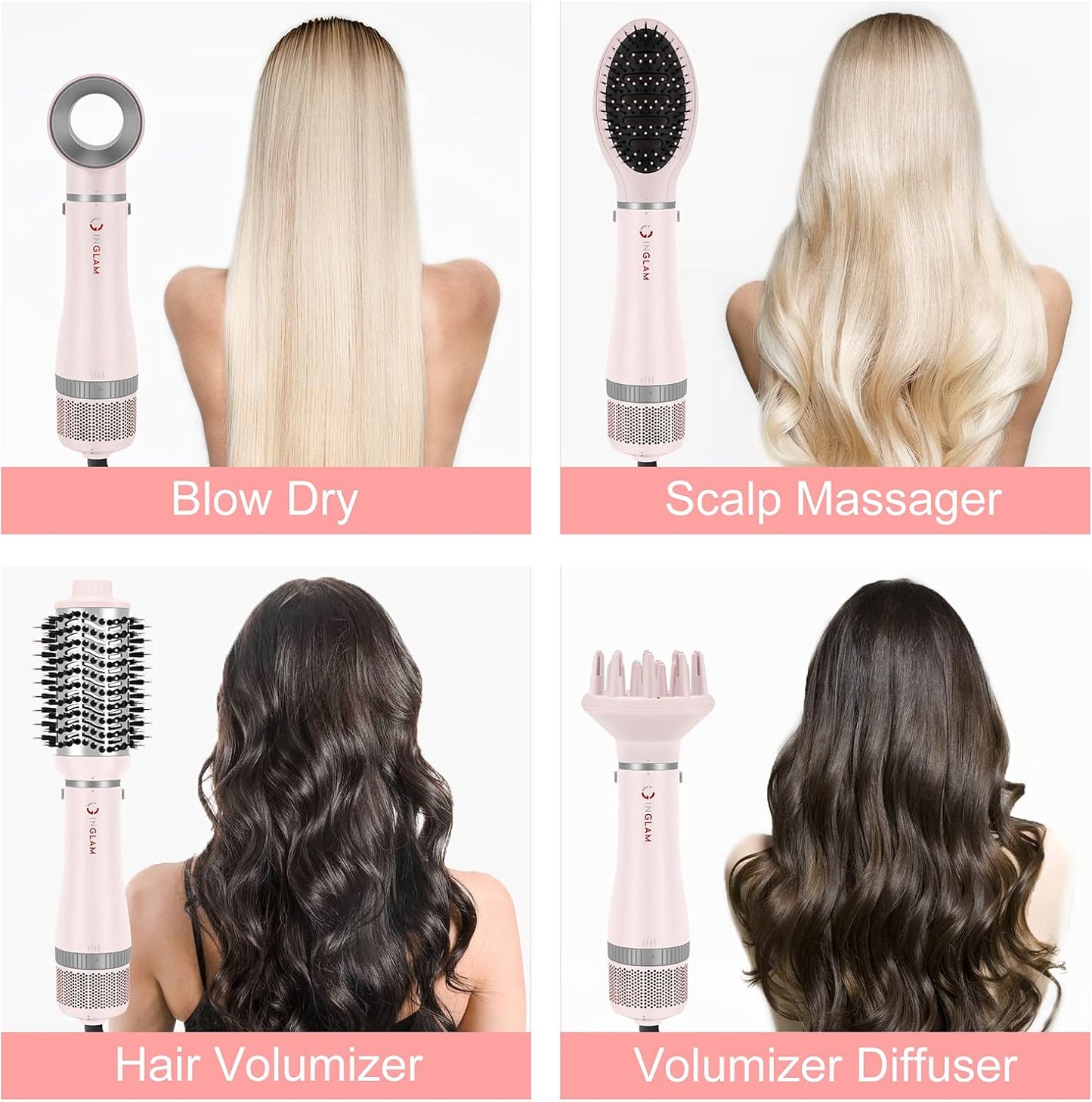 IG INGLAM 4 in 1 Blowout Hair Dryer Brush Set - Negative Ion Detachable Hair Dryer, Volumizer Styler with 2 Brush Heads, Pink