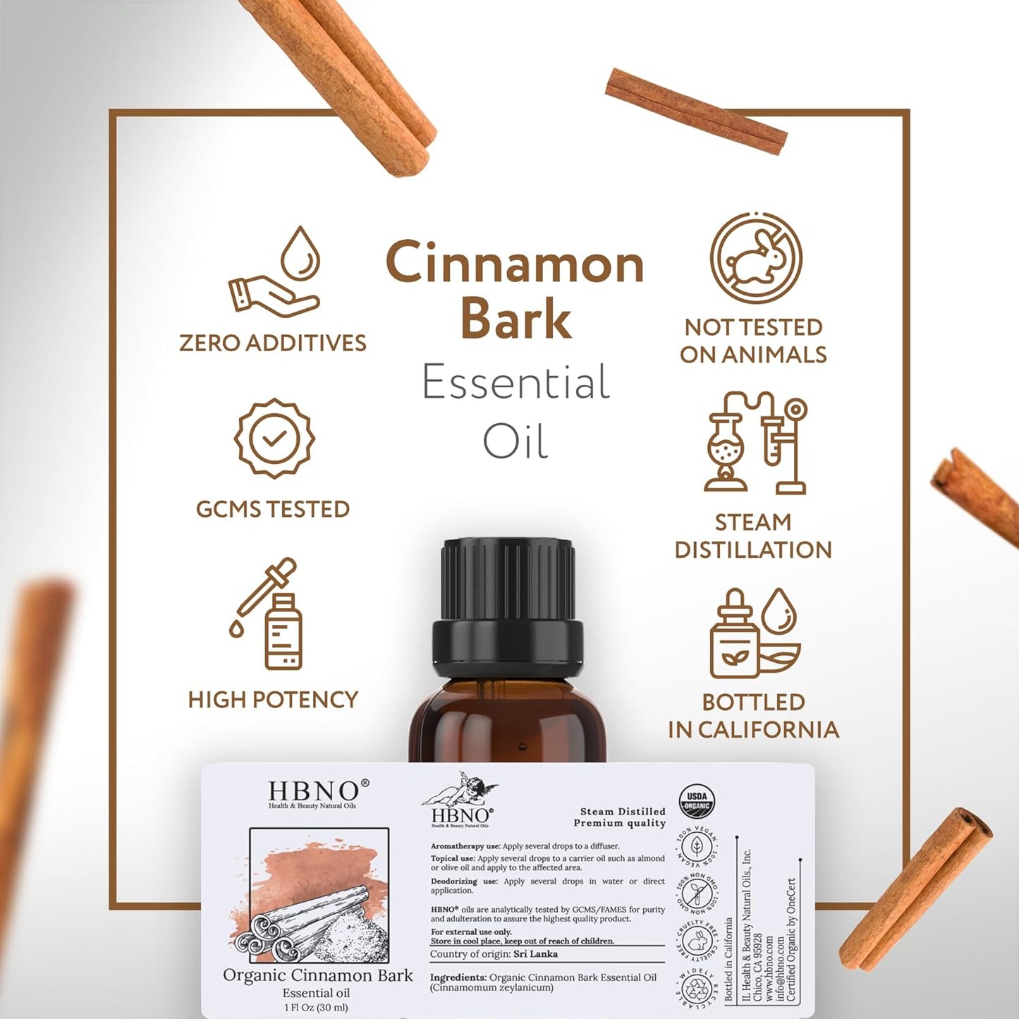 HBNO Organic Cinnamon Bark Essential Oil - 1 oz (30ml) Size - Ideal for Diffusers, Cleaning Agents, Skincare, and Haircare.