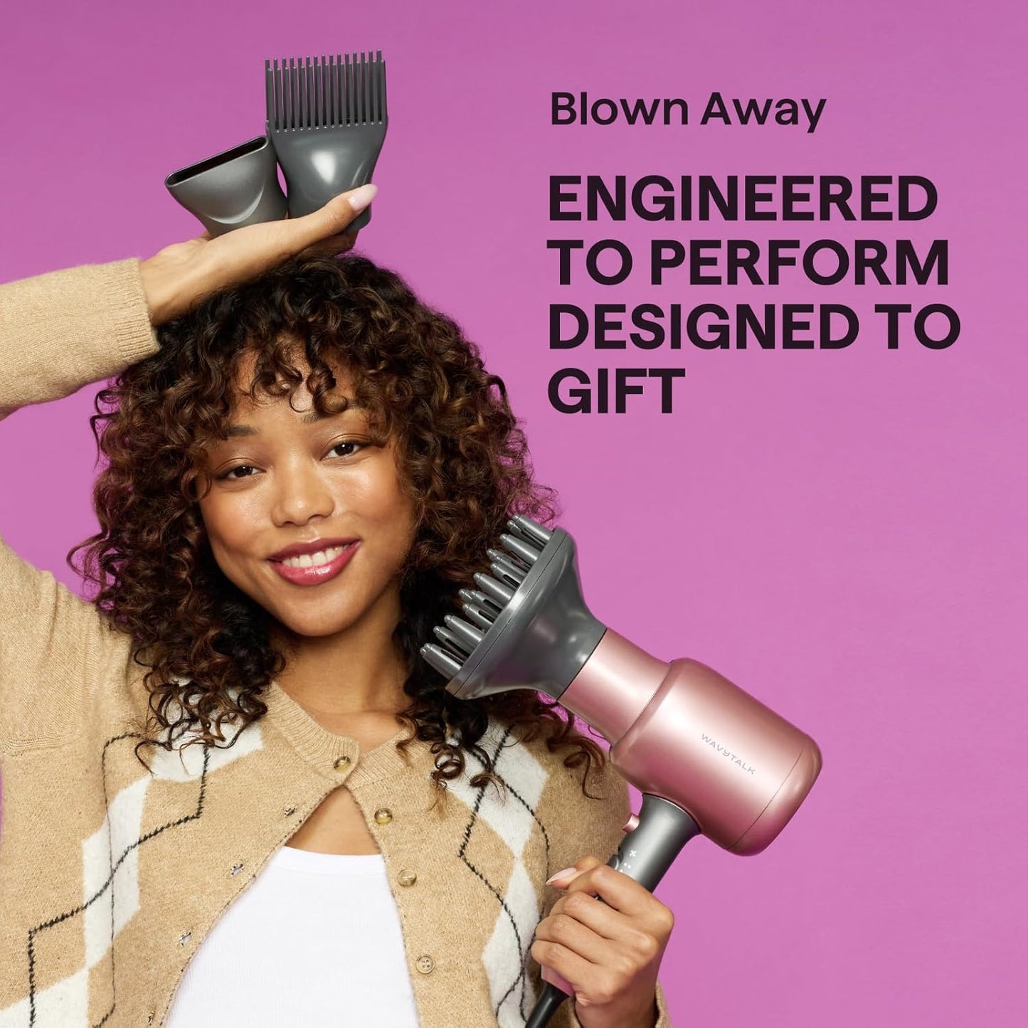 Wavytalk Hair Dryer, Blown Away Ionic Hair Dryer for Curly Hair with Diffuser, 1875W Fast Drying Blow Dryer with Ceramic Technology, 3 Attachments for All Hair Types, Light and Quiet, White