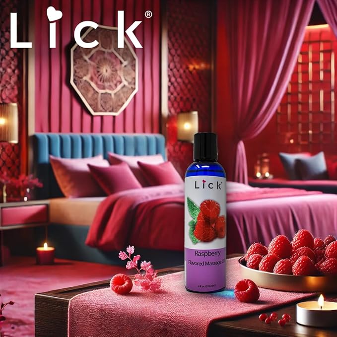 Lick Raspberry Flavored Muscle Massage Oil for Massage Therapy - Natural Oil with Almond and Coconut Essential Oils - Multipurpose Aromatic Absorption Full Body Massage Oil - 4 fl. oz.