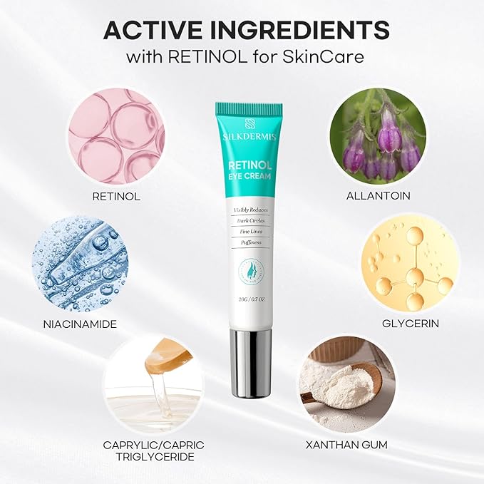 SLIKDERMIS Retinol Eye Cream for Dark Circles: Under Eye Cream for Wrinkles, Anti Aging - Eye Care, Advanced Formula Night Cream 20ml