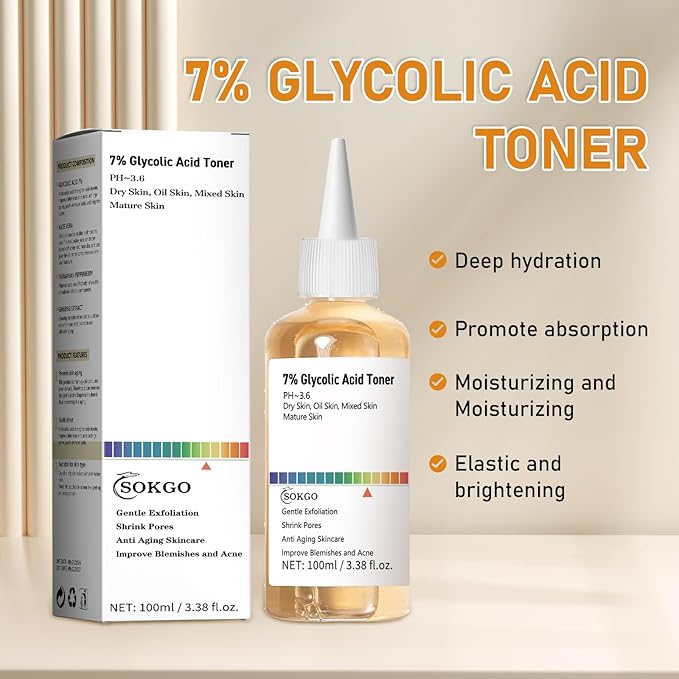 7% Glycolic Acid Exfoliating Toner, Exfoliating Facial Toner, Smooth Skin, Even Tone, Hydrating Formula, Pore Minimizer (Large, Unscented)