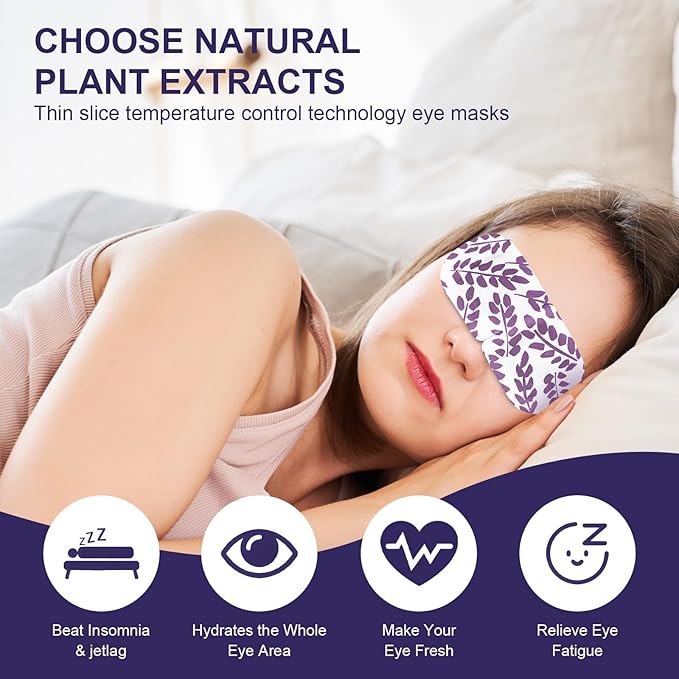 Steam Eye Mask - Self Heating, Moist Hot, Purple, Polyester, Disposable, Lightweight, Eye Mask for Puffy Eyes, Dry Eyes, Plane Travel Essentials, Great Gift for Students Adult