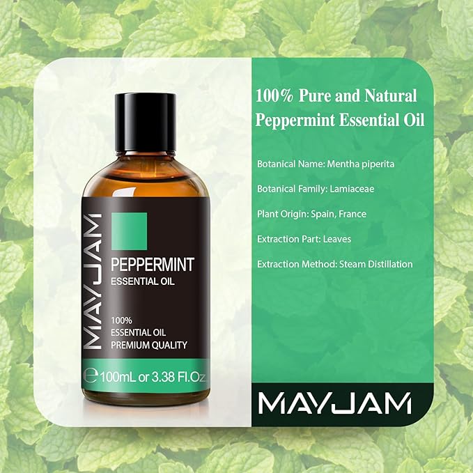 Peppermint Essential Oil, MAYJAM Premium Pure Essential Oils, 3.38FL.OZ Peppermint Oil for Diffusers Soap Candle Making, Ideal for Home Office Car Yoga Use