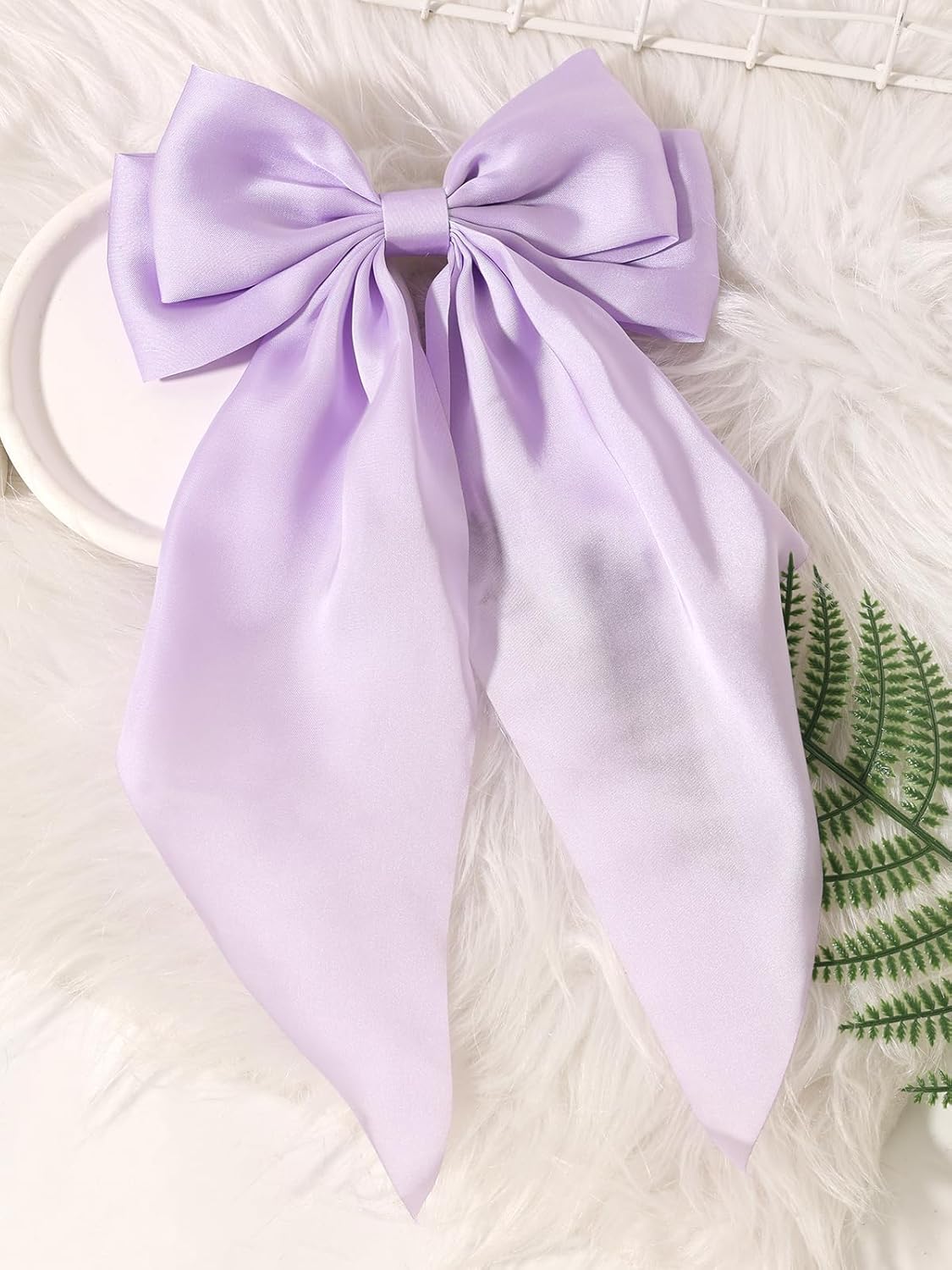 Furling Pompoms Hair Bows, 3pcs Satin Bow Hair Clips for Women in Beige/Lilac/Pink with Metal Clip, Long Tail Hair Accessories