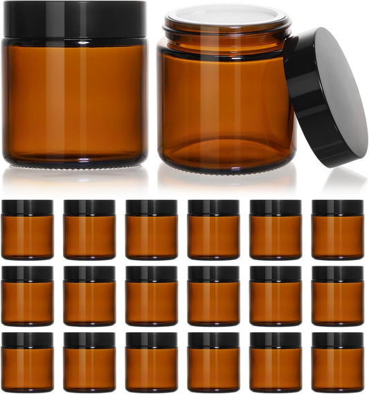 KEYWING 4oz Small Glass Jars with Black Lids, 18 Pack Amber Empty Cosmetic Containers Round Glass Jar with Inner Liners for Creams, Lotions, Powders and Ointments