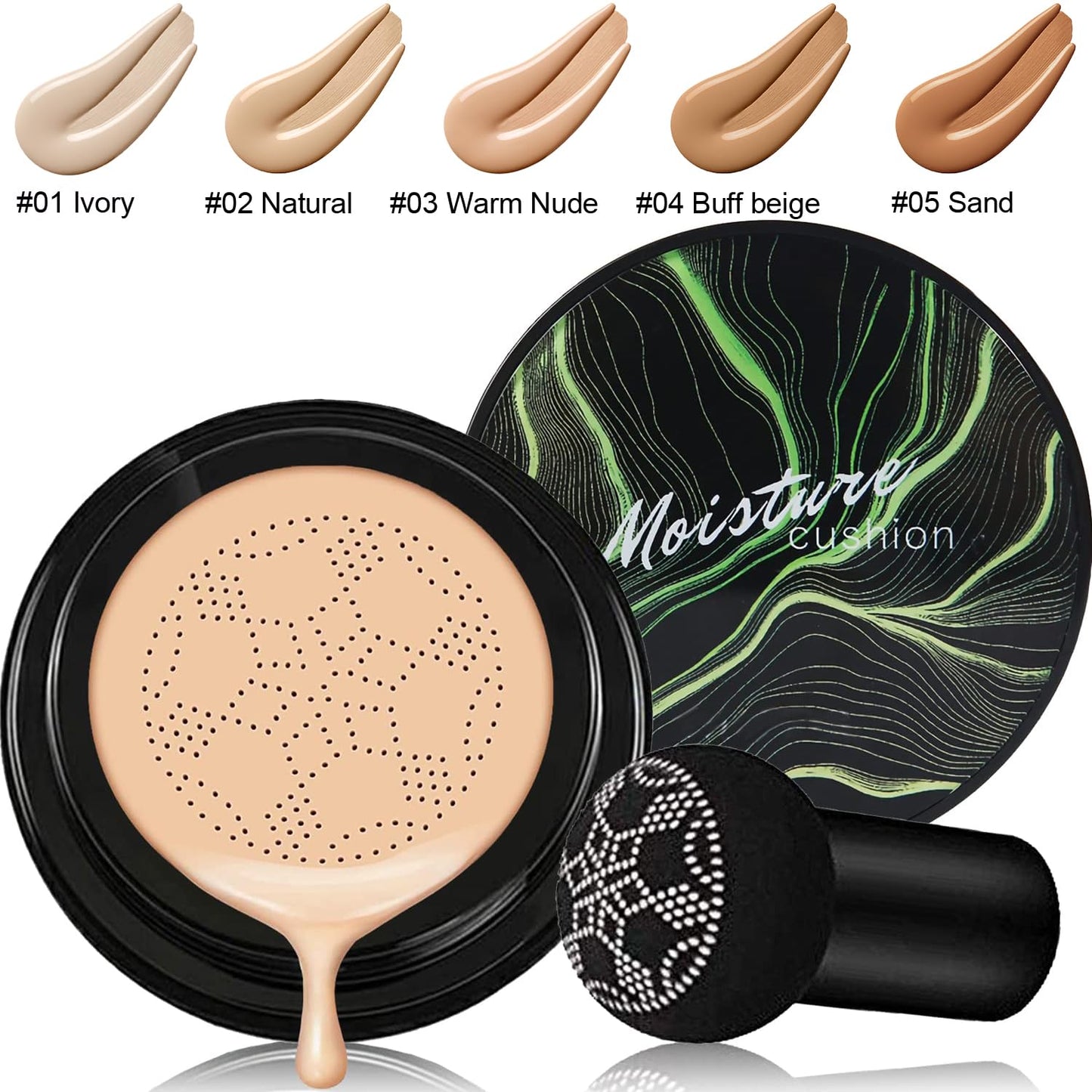 PHOERA Mushroom Head Air Cushion CC Cream Natural Foundation, Concealer, Primer, Powder, Kabuki Makeup Brushes (101 Porcelain+01 Ivory)