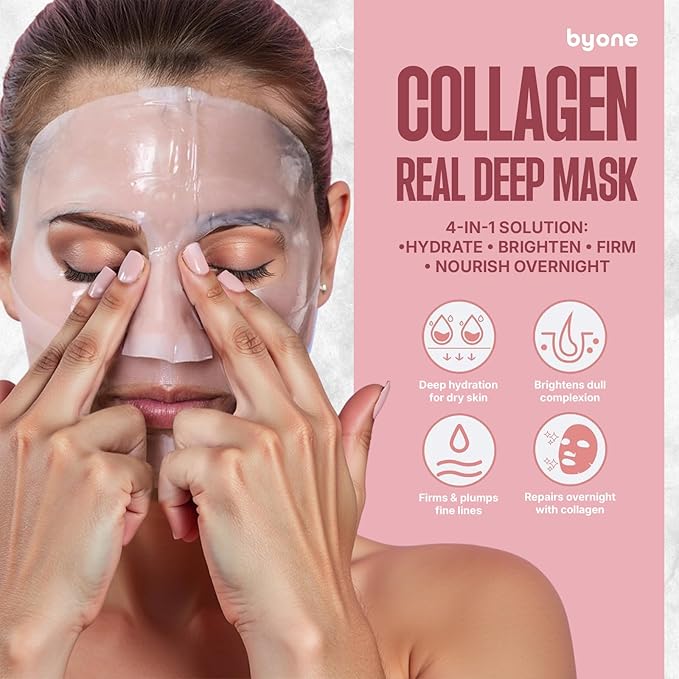 BYONE Bio Collagen Face Mask – Hydrating & Anti-Aging Sheet Mask for Glowing Skin – Natural Korean Skincare – Firming, Moisturizing & Soothing – 4 Pack