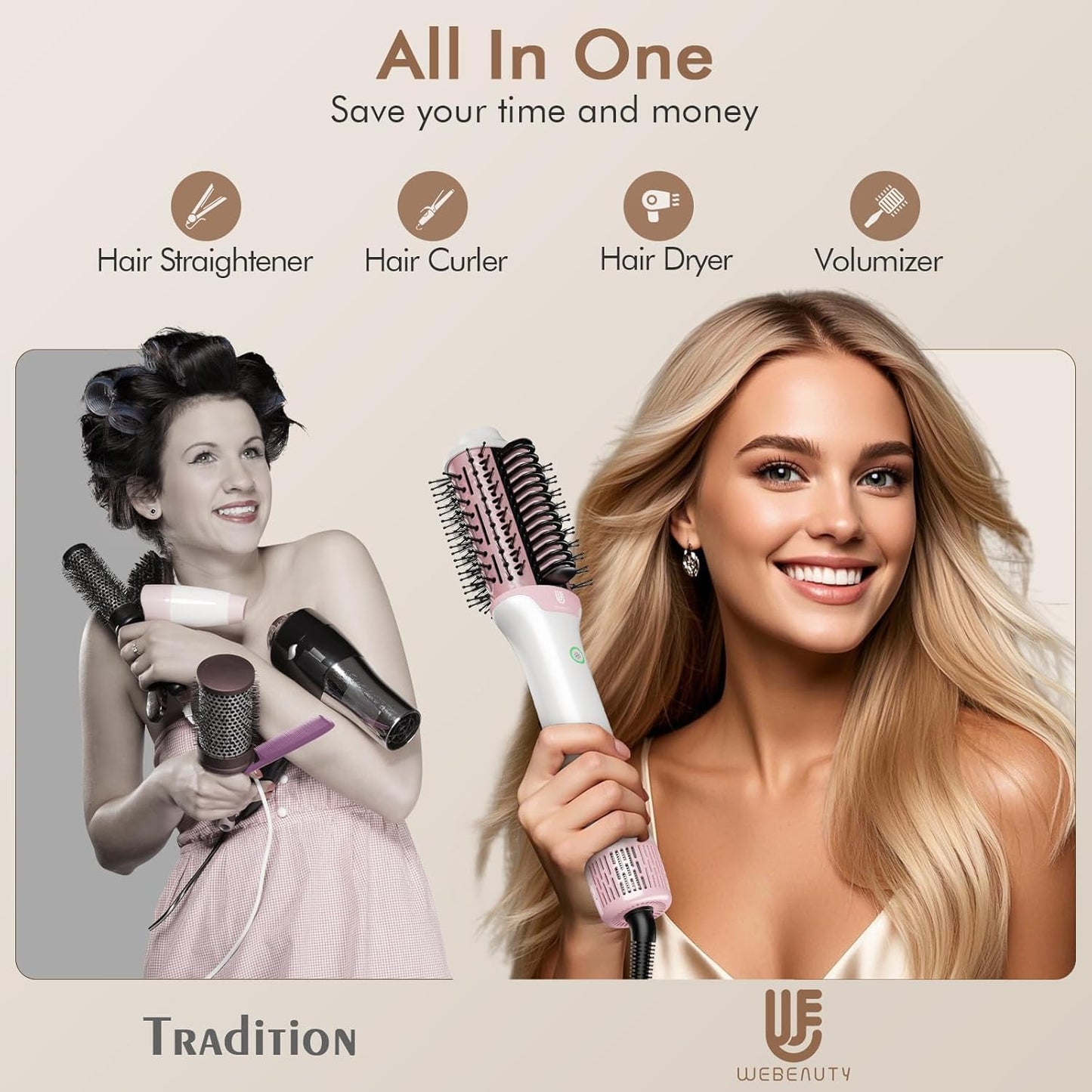 Blow Dryer Brush Hair Straightener: High Speed Hot Air Styler 110,000 RPM for Fast Drying Straightening Volumizing, One Step Volumizer with PTC Smoothing Comb Negative Ion for Silky Frizz-Free (Pink)