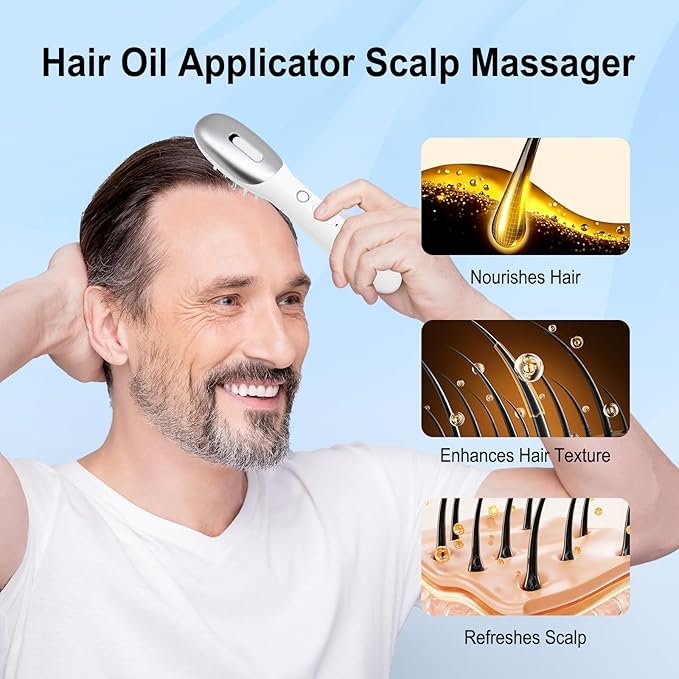 3-in-1 Hair Oil Applicator for Scalp with No-Drip Dispenser, Portable Hair Brush, Wireless Electric Scalp Massager for Travel and Home Use