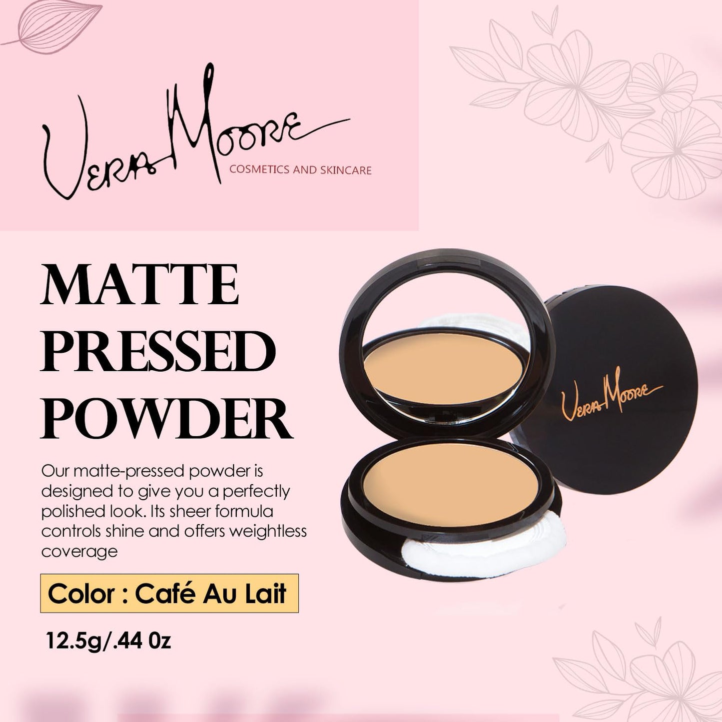 Vera Moore Matte Pressed Powder, Makeup Setting Compact Powder, Face Powder for Full Coverage with Flawless Finish, Shine, Matte Finish for All Skin Types (Café Au Lait, 12.5g)