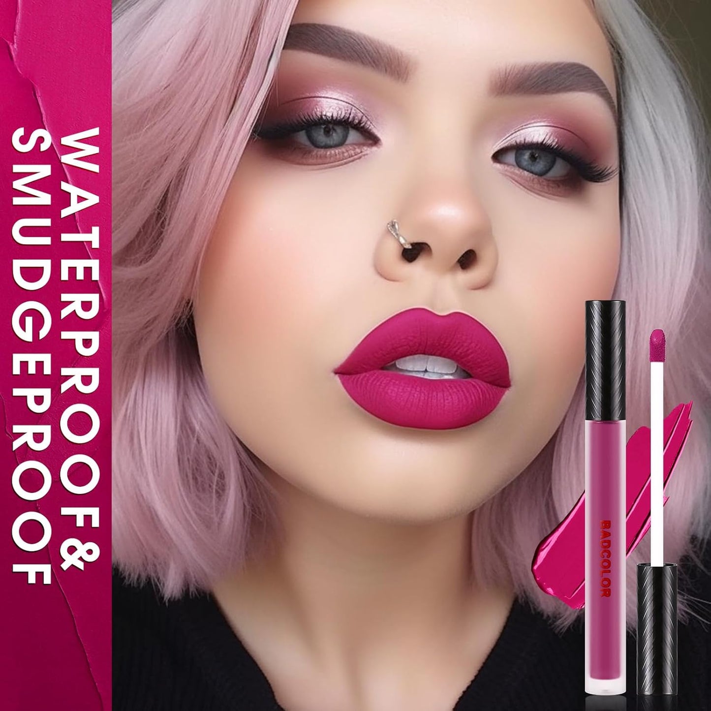 BADCOLOR 3 Colors Matte Liquid Lipstick Set, Purple Burgundy Rose Red Halloween Makeup, High Impact Long Lasting Lip Stain Velvet Nonstick Cup Smudge Proof & Waterproof Lip Gloss Set