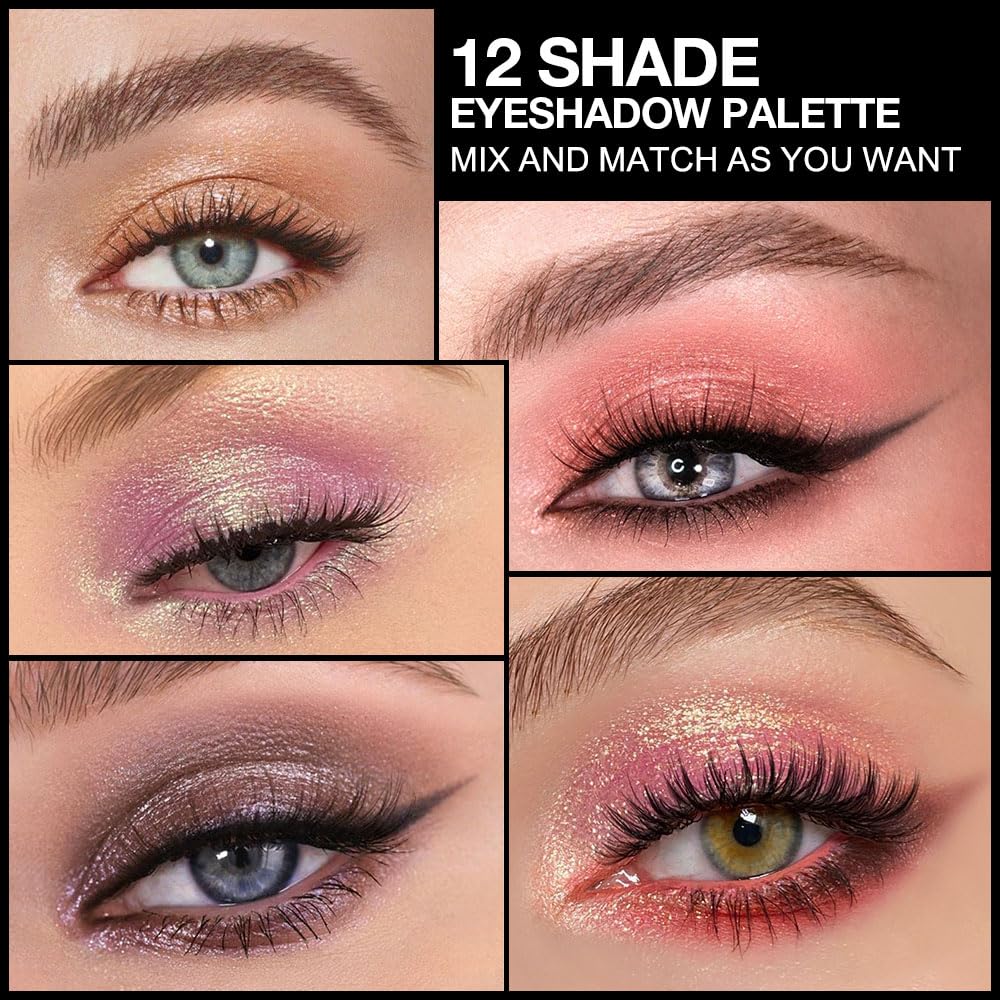 Twelve Eye Shadow Palette, Pink Red Brown Bronze Black Green Champagne Gold Rose Gold Eyeshadow Palette Makeup, Highly Pigmented Pressed Powder,Blendable Matte and Shimmer for Woman girls Eyes 03