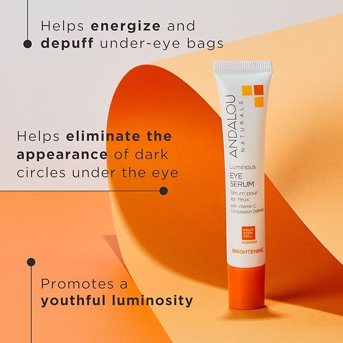 Andalou Naturals Luminous Eye Serum, Illuminating Eye Cream for Dark Circles and Puffiness, Vitamin C, Caffeine & Goji Glycopeptides for a Rejuvenated, Refreshed, Tighter Appearance, 0.6 Ounce