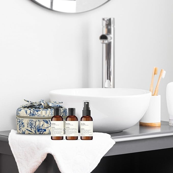 Dusa Grapefruit Gift Set: Room Spray Grapefruit Fragrance (2 oz), Premium Hydrating Hand Cream (2 oz), Soothing Hand Soap & Toile de Jouy Makeup Pouch – Ideal Luxurious Gift for Mothers Day