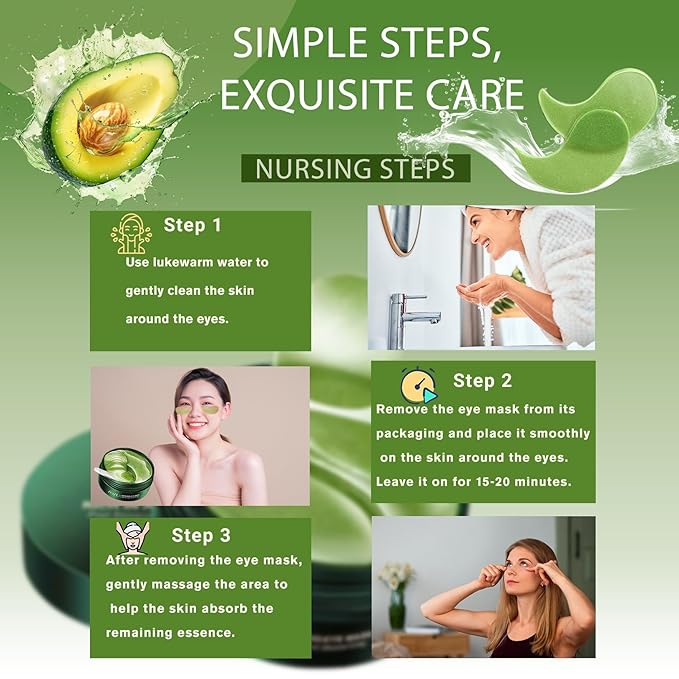 Nourishing Avocado Eye Patches 2-Pack 120 PCS, Collagen Eye Mask for Anti-oxidation and Hydration, Under Eye Patches Suitable for Both Men and Women