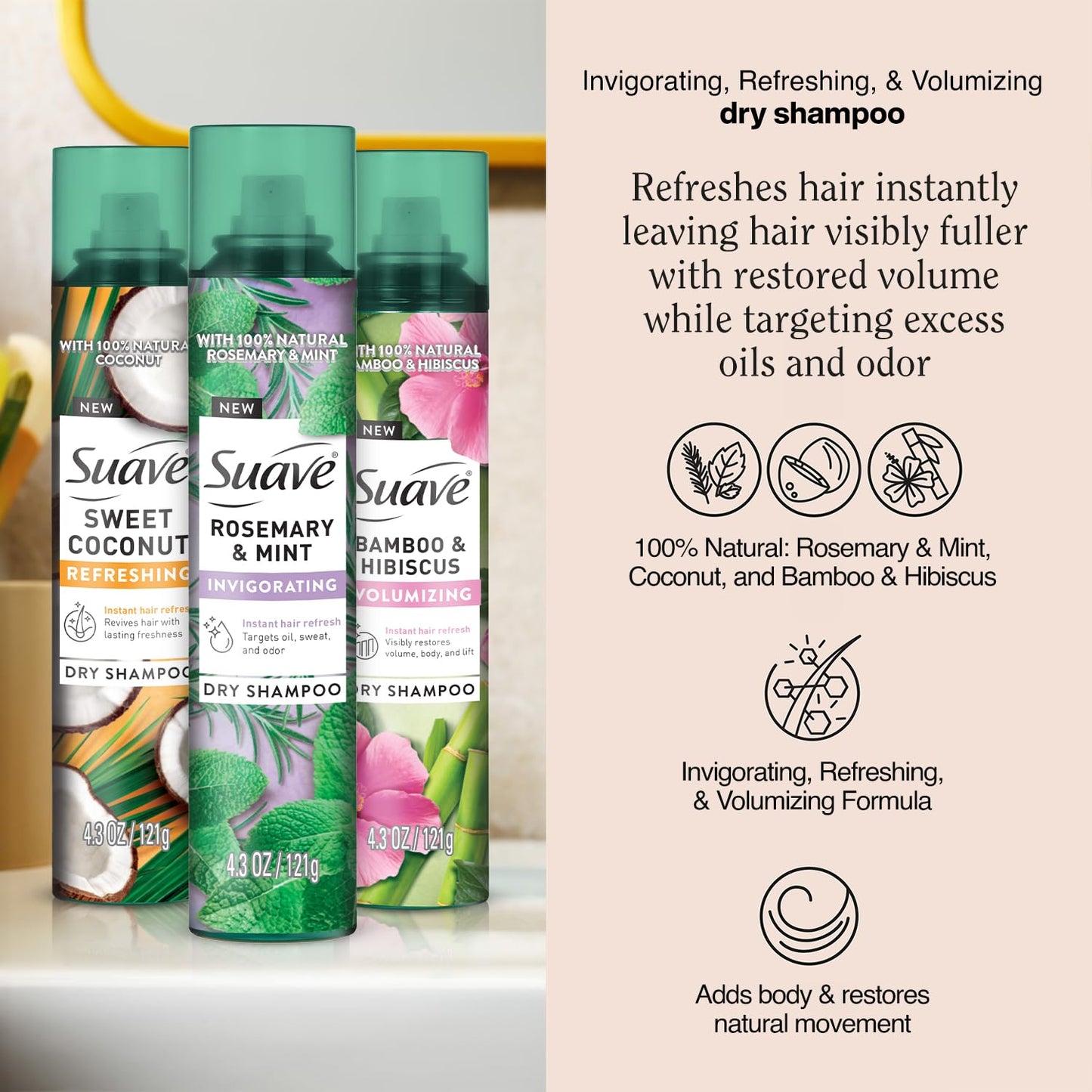 Suave+ Dry Shampoo Spray Variety 3-Pack – Invigorating Rosemary & Mint, Volumizing Bamboo & Hibiscus + Refreshing Sweet Coconut, 4.3 Oz Ea
