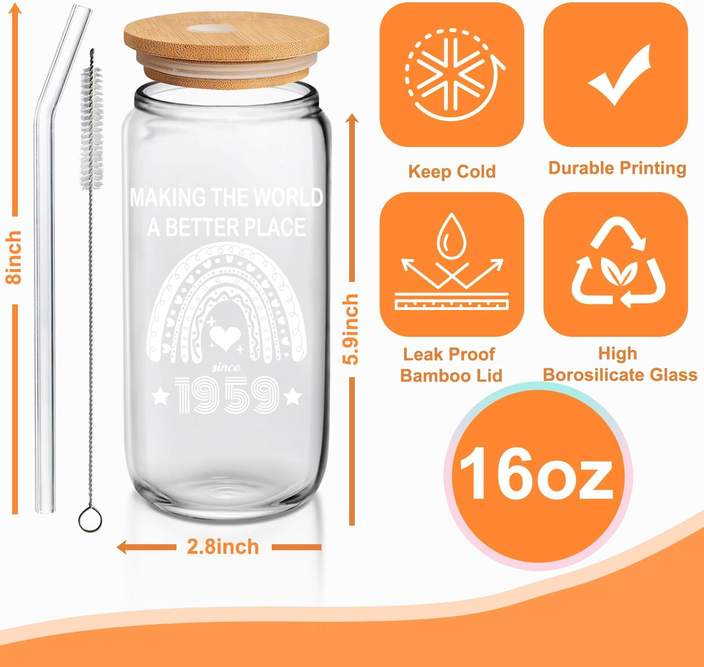 65th Birthday Gifts for Women 65 Year Old Birthday Cups 1959 Birthday Present Happy 65th Birthday Cute Glass Cups with Lids and Straws 65th Birthday Party Decorations Gifts Ideas 16 Oz Can Glass