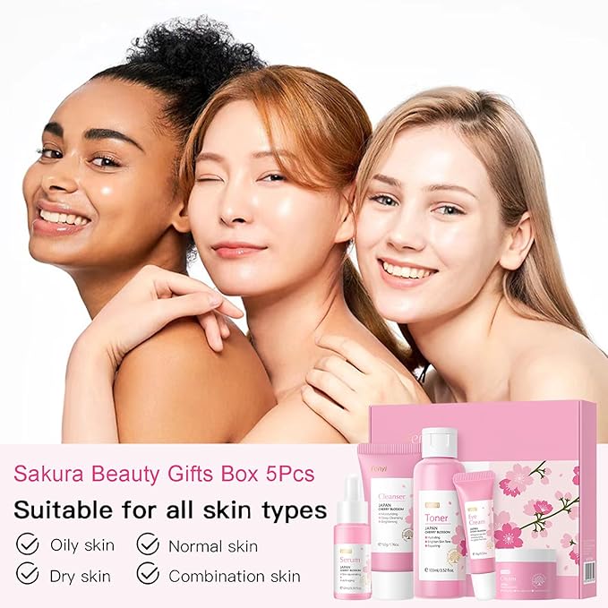 Skincare Set Japan Sakura Skin Care Set - Skincare Kits Gifts for Teen Girls, Travel Kit for Women Skin Care Routine Kit: Cleanser, Toner, Serum, Eye Cream, Face Cream, Beauty Christmas Gifts Set
