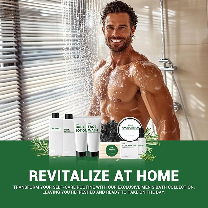 Bath Gifts for Men, 10 Pcs Herbal Mens Spa Set, Bath and Body Gift Basket Includes Shower Gel, Face Wash, Face Cream & More, Fathers Day Gifts for Him