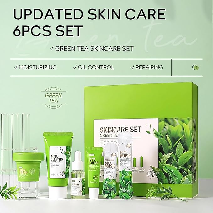 Green Tea Skincare Set, Organic Skin Care Kits Gift Set for Women/Girls, Facial Skincare Routine Kit with Cleanser, Toner, Serum, Cream, Lotion, Eye Cream, Hydrated Skincare Starter Beauty Gift Set