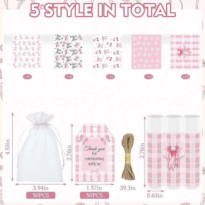 50 Pack Pink Bow Baby Shower Favors Bulk Lip Balm Girls Favors Gifts for Bachelorette Girls Pink Bow Moisturizing Lip Care Pretty lipstick Mother's Day Birthday Party Supplies Decorations(pink bow)